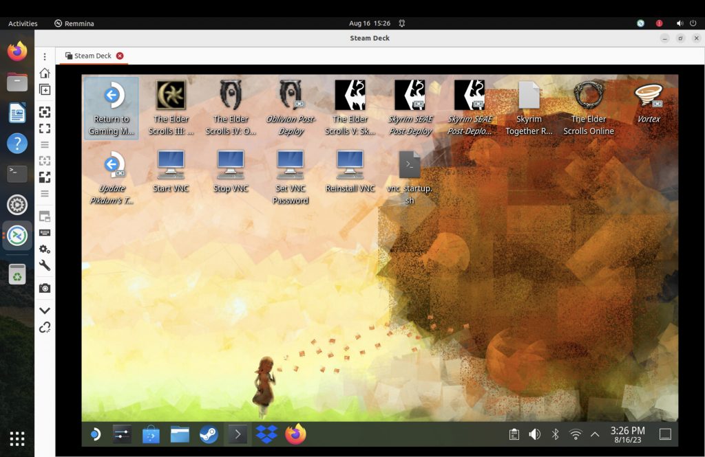 Screenshot of a Linux VM running on a MacBook, with a Remmina VNC connection open to the Desktop mode of a Steam Deck. Several icons, for running Skyrim, Oblivion, Morrowind, and ESO are visible, as well as other icons to run various other shell and scripting commands.