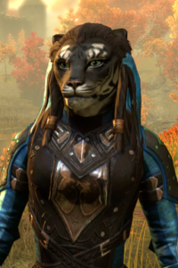 Screenshot of Ashoshah from the login screen of ESO. She is a Khajiit with dark fur with white highlights, and streaks of blue and green dyed into her mane. She is wearing dark gray armor with blue and brown trim.